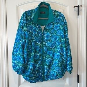 Tropical blue green floral vintage zip up windbreaker jacket est size XL